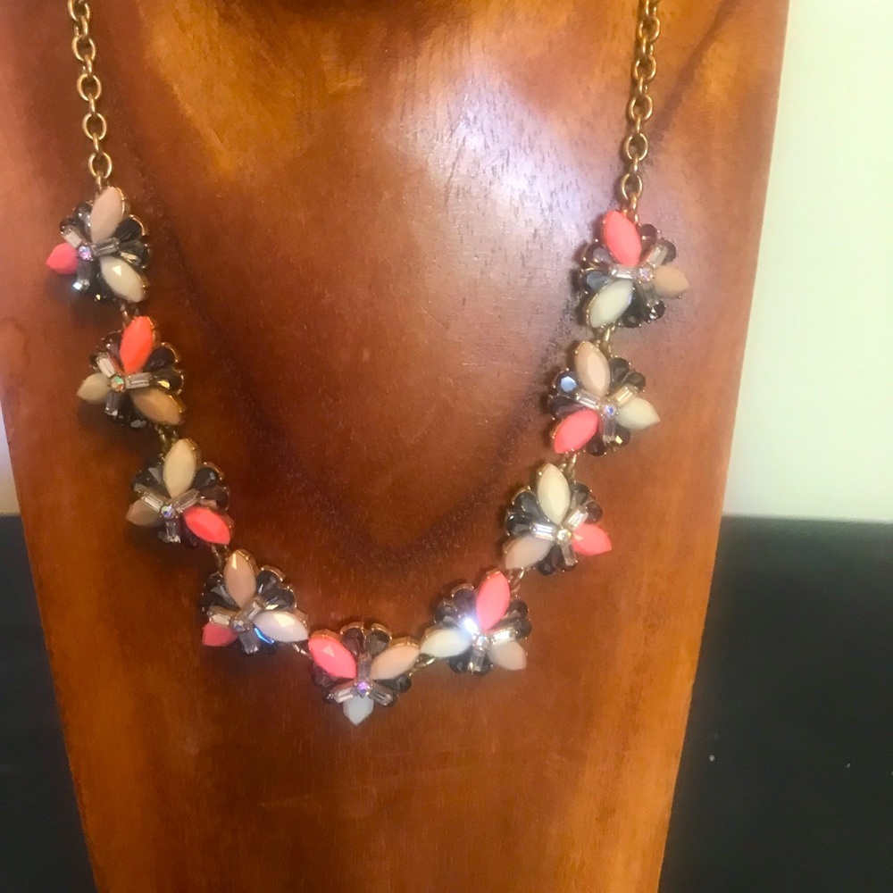 J Crew Gold necklace with peachy/pink cream and clear stones